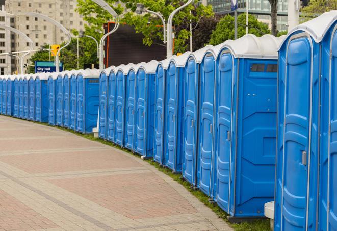 colorful portable restrooms available for rent at a local fair or carnival in Bridgeton